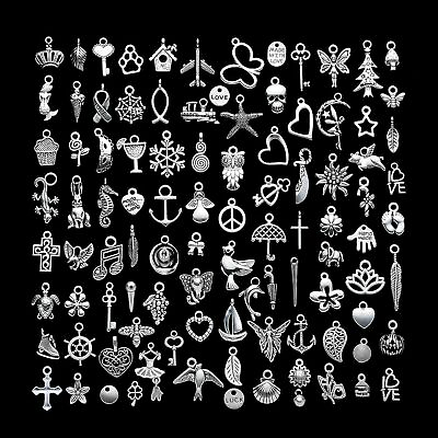 #ad 100 Assorted Tibet Silver Alloy Tiny Charm Pendants DIY For Necklace Bracelet $9.69