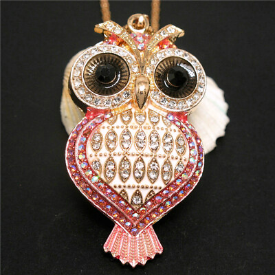 #ad New Pink Rhinestone Heart Owl Crystal Pendant Fashion Women Chain Necklace $3.86