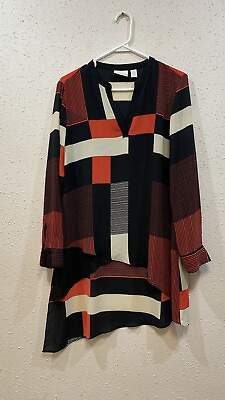 #ad Chicos Tunic Women 1 Red Black Color Block Asymmetrical Layered Blouse Lagenlook $12.00