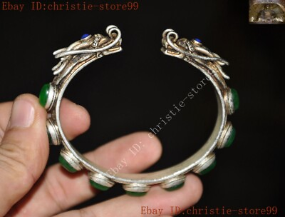 #ad China dynasty palace silver inlay Green Jade Gem Dragon head bracelet hand ring $99.12