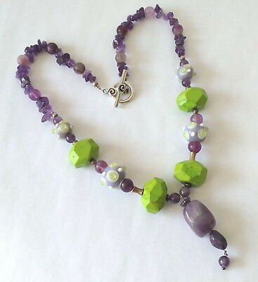 #ad Amethyst Green Turquoise Gemstone Necklace Lampwork Beads 925 Sterling Silver $82.00