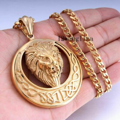#ad Men#x27;s Chain Stainless Steel Gold Lion Circle Pendant Necklace Curb Cuban Gift $8.27