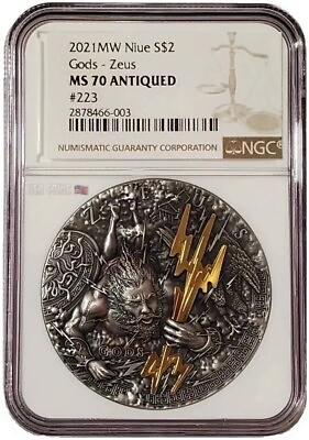 #ad 2021 2 Oz Silver $2 Niue Gods ZEUS NGC MS70 Antique Finish Gilde Coin. $489.95