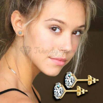 #ad 14K Gold On Pure 925 Sterling Silver Round CZ Crystal Stud 3MM Classic Earrings GBP 3.89