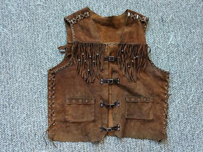 #ad vintage WESTERN handcrafted SUEDE cowhide leather 40 brown FRINGE vest INDIAN $168.95