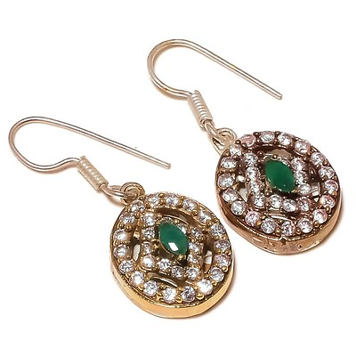 #ad Green Emerald Marquis Gemstone Two Tone Handmade CZ Turkish Drop Dangle Earrings $11.99