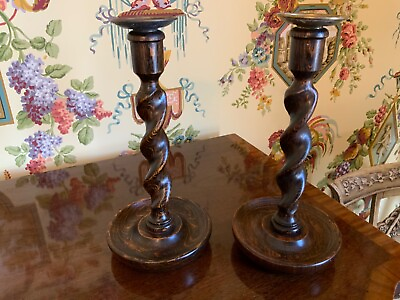 #ad Pair English Victorian Barley Twist Candlesticks with Brass Tops C1900 $155.00
