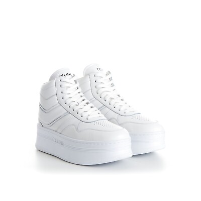 #ad CELINE 990$ White Leather High Top Wedge Sneakers Platform Block $632.00