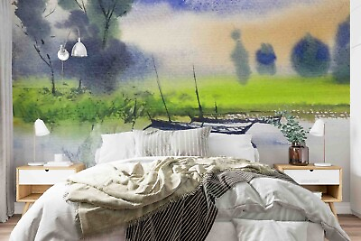 #ad 3D Ship Tree Grassland Sky Sea Self adhesive Removeable Wallpaper Wall Mural1 35 $224.99