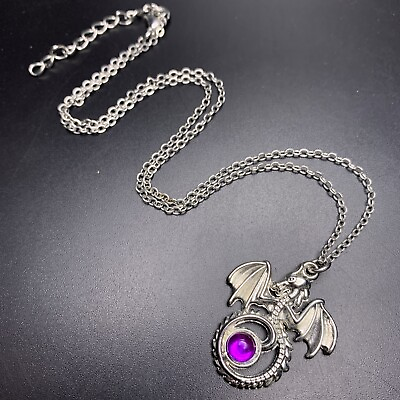 #ad Dragon Pendant Necklace Silver Tone Purple Cabochon Fantasy $12.71