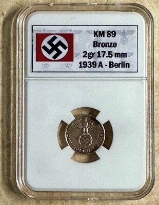 #ad 1937 1940 Nazi Germany 1 Reichspfennig WWII 1 Coin Display Slab $10.99