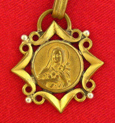 #ad Vintage SAINT THERESE Medal Gold tone Religious Catholic Holy Pendant $15.99