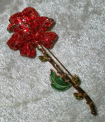 #ad Vintage Red Rose Flower Rhinestone Gold Tone Fashion Costume Enamel Brooch Pin $22.40