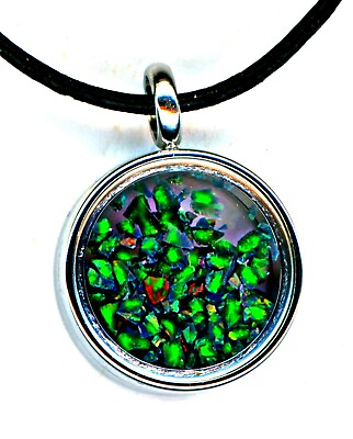 #ad FLOATING GREE OPAL CHIPS in silver glass Pendant leather cord and silver chain AU $19.95