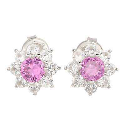 #ad Suzy Levian Sterling Silver Pink Sapphire Flower Halo Stud earrings 18k Round $158.40