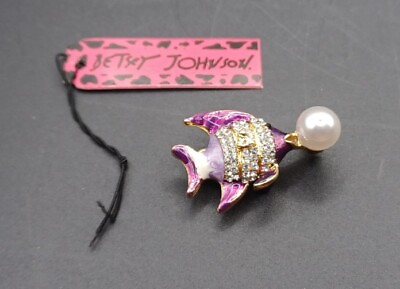 #ad New Betsey Johnson Rhinestone Pearl Purple Angel Fish Pin Brooch $12.99