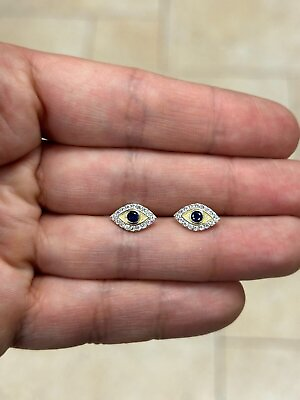 #ad 14k Yellow Gold Sapphire Evil Eye Stud Earrings Real Genuine 14k Gold $167.99