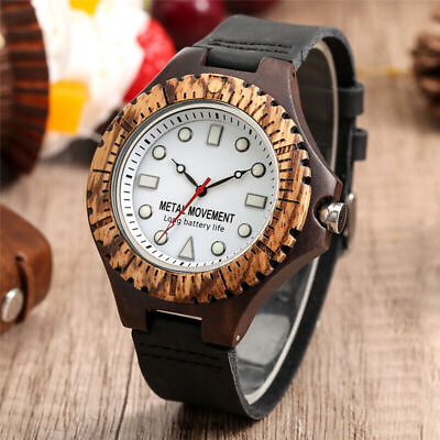 #ad Handmade Men#x27;s Sandalwood Watch Quartz Wristwatch Luminous Indexes Leather Band $16.55