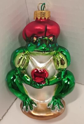 #ad Handcrafted Glass Christmas Frog Ornament With Display Case VG Ex Condition $14.95