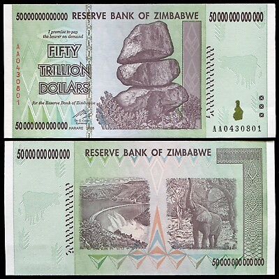 #ad 2008 50 TRILLION DOLLARS ZIMBABWE BANKNOTE AA P 90 GEM UNC 100 TRILLION SERIES $79.95