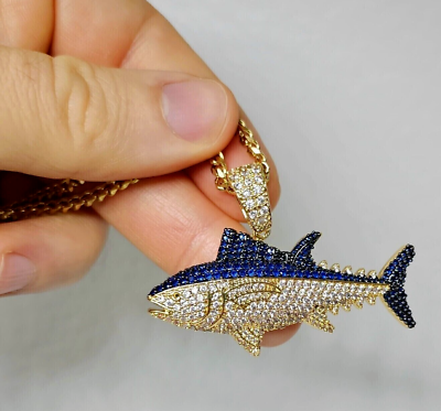 #ad 14K Yellow Gold Plated 2Ct Round Cut Lab Created Sapphire amp; Diamond Fish Pendant $125.99