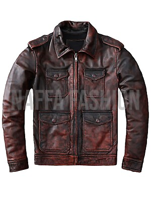 #ad Mens Classic Natural Cowhide Vintage Maroon Genuine Leather Hunting Style Jacket $144.00