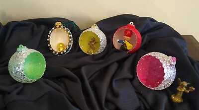 #ad Vintage Hollow Ball Christmas Ornaments with Scenes Inside Set of 5 Glittery 3D $19.95