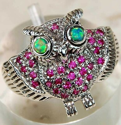 #ad Natural Owl 1CT Green Fire Opal amp; Ruby 925 Sterling Silver Ring Sz 678 FM3 $37.99