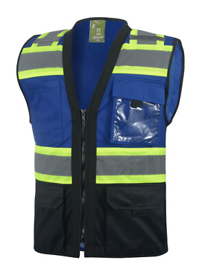 #ad Surveyor Blue Black Two Tones Safety Vest ANSI ISEA Photo ID Pocket 802BL $14.99