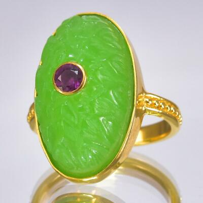 #ad Ring US size 8 Gold Vermeil Sterling Green Chalcedony Rhodolite Lotus 7.64 g $99.00
