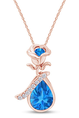 #ad Rose Teardrop Pendant Necklace Simulated Blue Topaz 14K Rose Gold Plated Silver $135.57