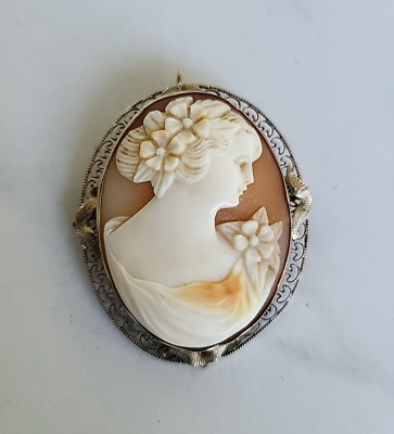 #ad ANTIQUE 14 K Gold Filigree CAMEO BROOCH PENDANT Lady With Daisies Flowers $250.00