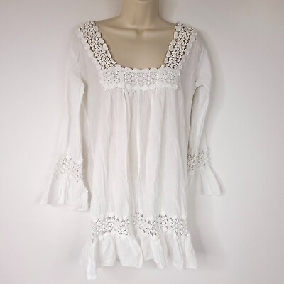 #ad S.R. Fashion Womens Tunic top Cover Up Medium White Flare Sleeve Crochet Boho $19.99