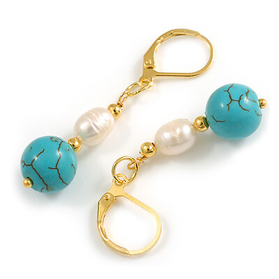 #ad Delicate Freshwater Pearl Turquoise Bead Drop Earrings In Gold Tone 45mm L GBP 11.99