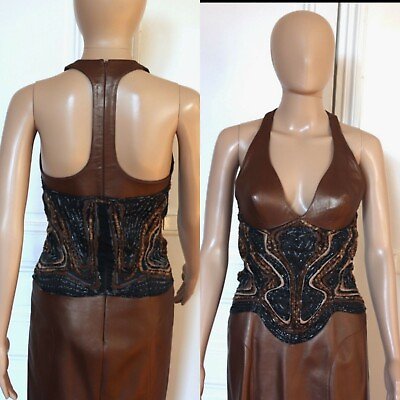 #ad VINTAGE SEXY THIERRY MUGLER HAUTE COUTURE LEATHER SHINNY BROWN DRESS 42IT 38FR $1800.00