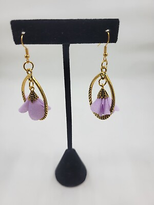 #ad Gold Oval Dangling Earrings With Purple Flower $4.28