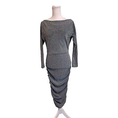 #ad Women Elegant Shiny Silver Bodycon Dress Sides Ruched Long Sleeve Dress Size M $22.52
