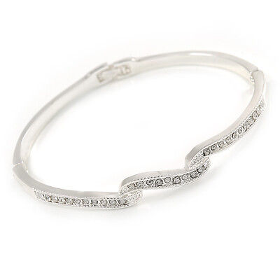 #ad Delicate Clear Crystal Triple Leaf Bangle Bracelet In Rhodium Plating 18cm L GBP 22.50