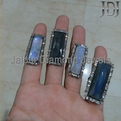 #ad Natural Rainbow Moonstone Labradorite Diamond Baguette 925 Silver Ring Jewelry $523.38