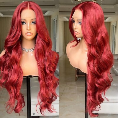 #ad Long Red Human Hair Blend Lace Front Wig Loose Curls Wavy Heat Ok Women Red Wig $89.88