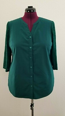 #ad D amp; Co Denim Company Blouse Women#x27;s Large Lace Green 1 4 Sleeve Button Down $10.00