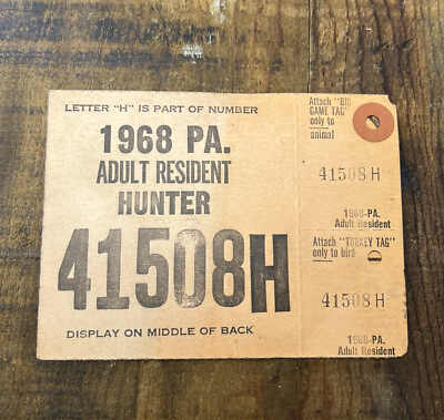 #ad 1968 Pennsylvania Adult Resident Big Game Hunting License Back Tag Vintage $12.95