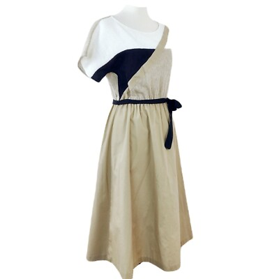 #ad Vintage Claire Larabee Tan Colorblock A Line Full Skirt Midi Dress S M $25.95