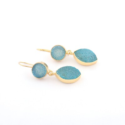 #ad Round Marquise Shape Double Sky Blue Sugar Druzy Gold Plated Drop Hook Earrings $7.49