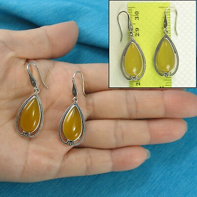 #ad Cabochon Cut Pear Yellow Agate Solid Sterling Silver Hook Dangle Earrings TPJ $32.95