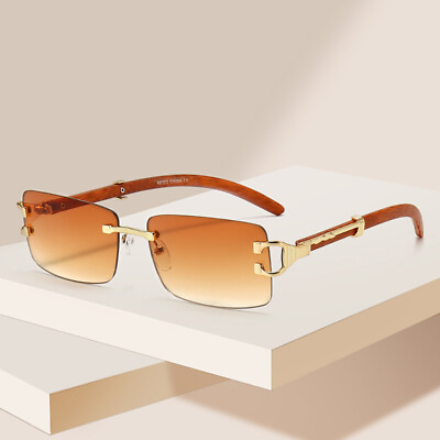 #ad Fashion Wood Grain Rimless Square Sunglasses for Men Women Outdoor Shade Glasses $7.99