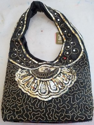 #ad Sak Like Black Purse Design Zipper Gold Sequins Black and Gold Beads from India $21.00