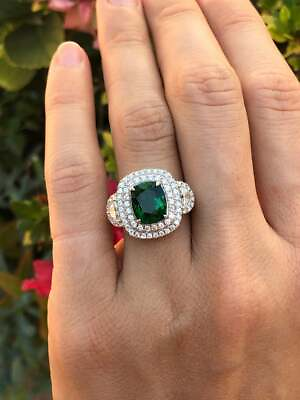 #ad Fine Cushion Cut 2.79CT Green Emerald amp; 1.48CT Shiny Clear CZ Magnificent Ring $215.00