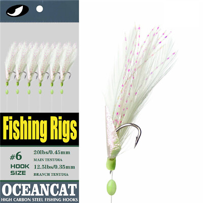 #ad 6 Hooks set Sabikis White Feather Fish Skin String Hook Fishing Lure Rigs Tackle $62.49