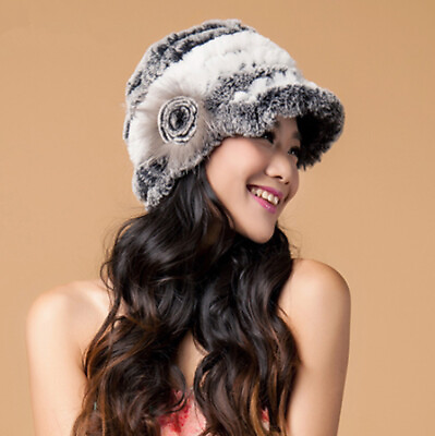 #ad Winter Women#x27;s Rex Rabbit Fur Blend Hat Knitted Floral Knit Warm Peaked Cap Fall $64.99